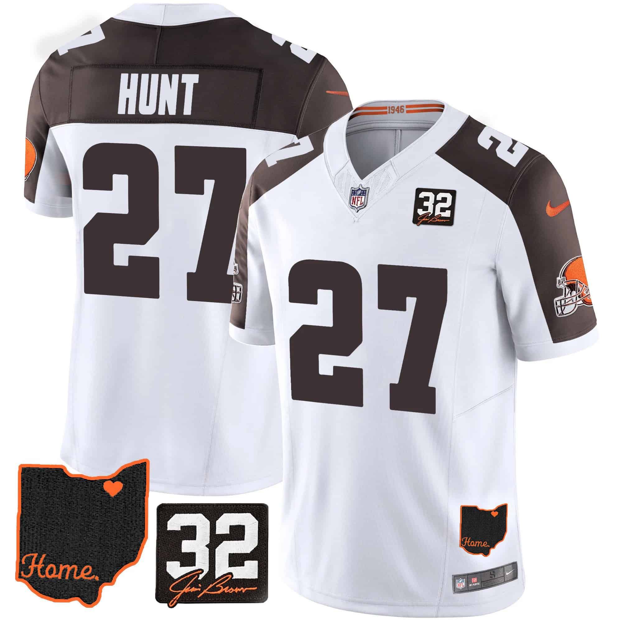 Men Cleveland Browns #27 Hunt White Memorial Home Patch 2024 Nike NFL Jersey style 1
